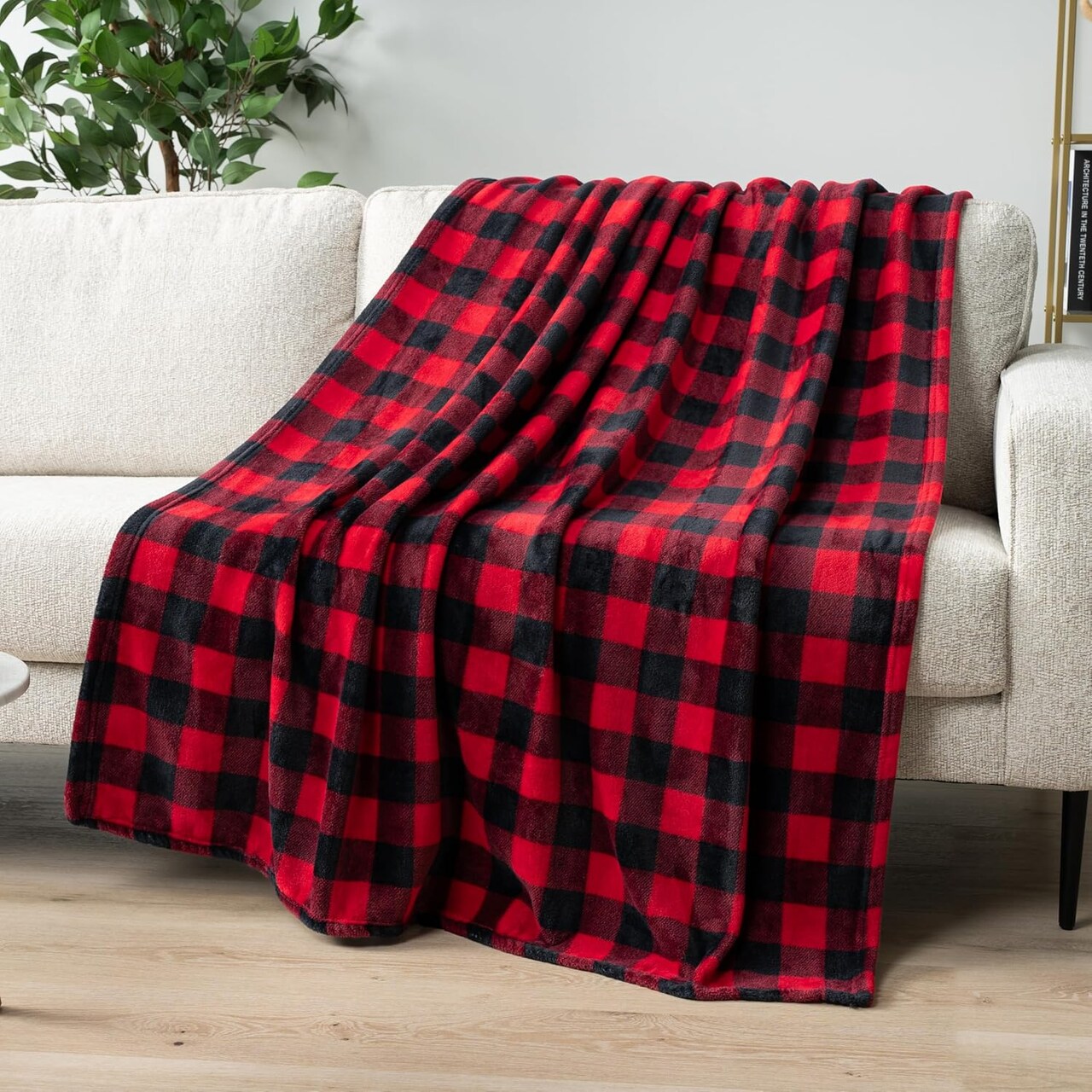 Black and Red Buffalo Plaid Fleece Throw Blanket for Couch, Soft Checkered Flannel Blanket for Sofa, Plaid Christmas Couch Throw Bed, Warm Cozy Decorative Blanket Fall Decor Gift, 50x60